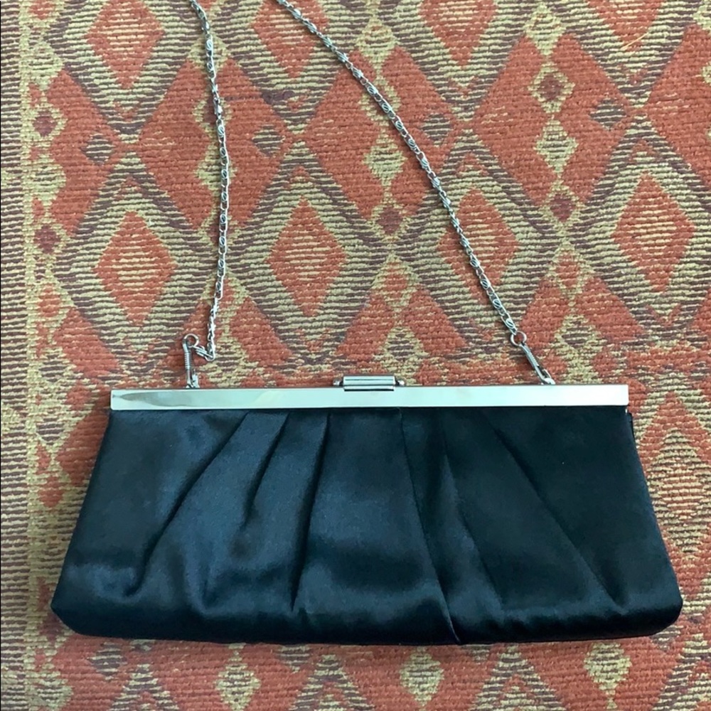 Black satin clutch by Jessica McClintock